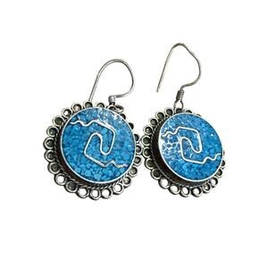 Vintage Alpaca Mexico Chip Turquoise Channel Inlay Dangle Earrings Round Stamped